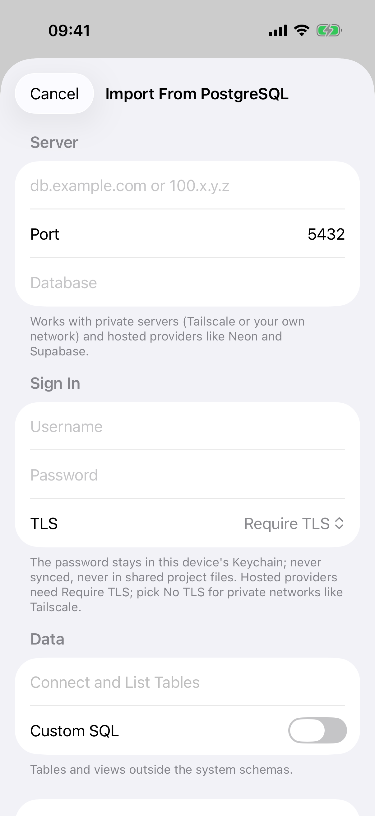 import from postgresql
