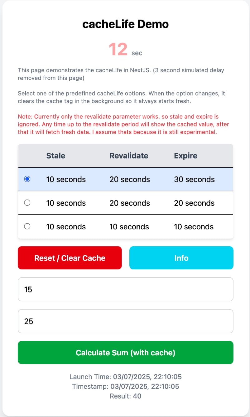 NextJS use cache demo application cacheLife page