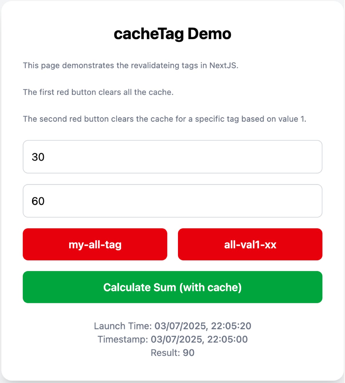 NextJS use cache demo application cacheTag page