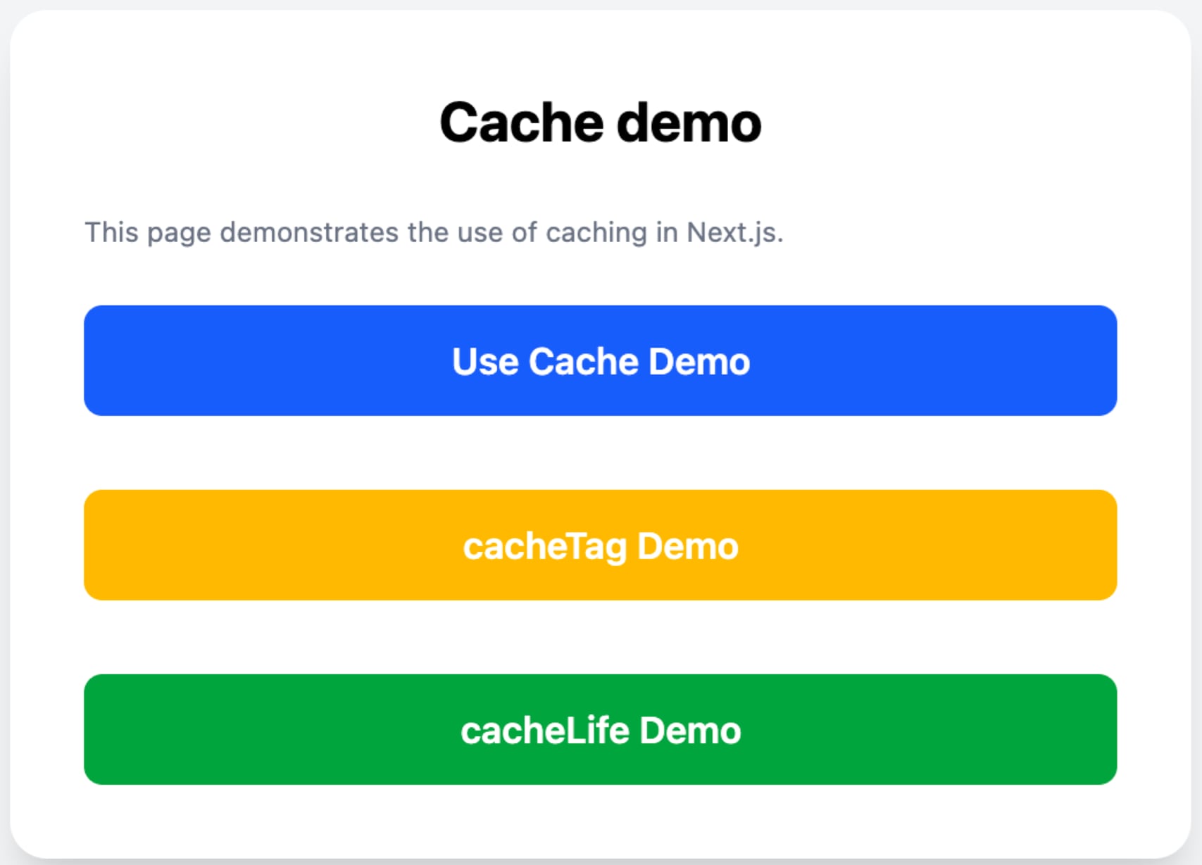 NextJS cache demo application main menu